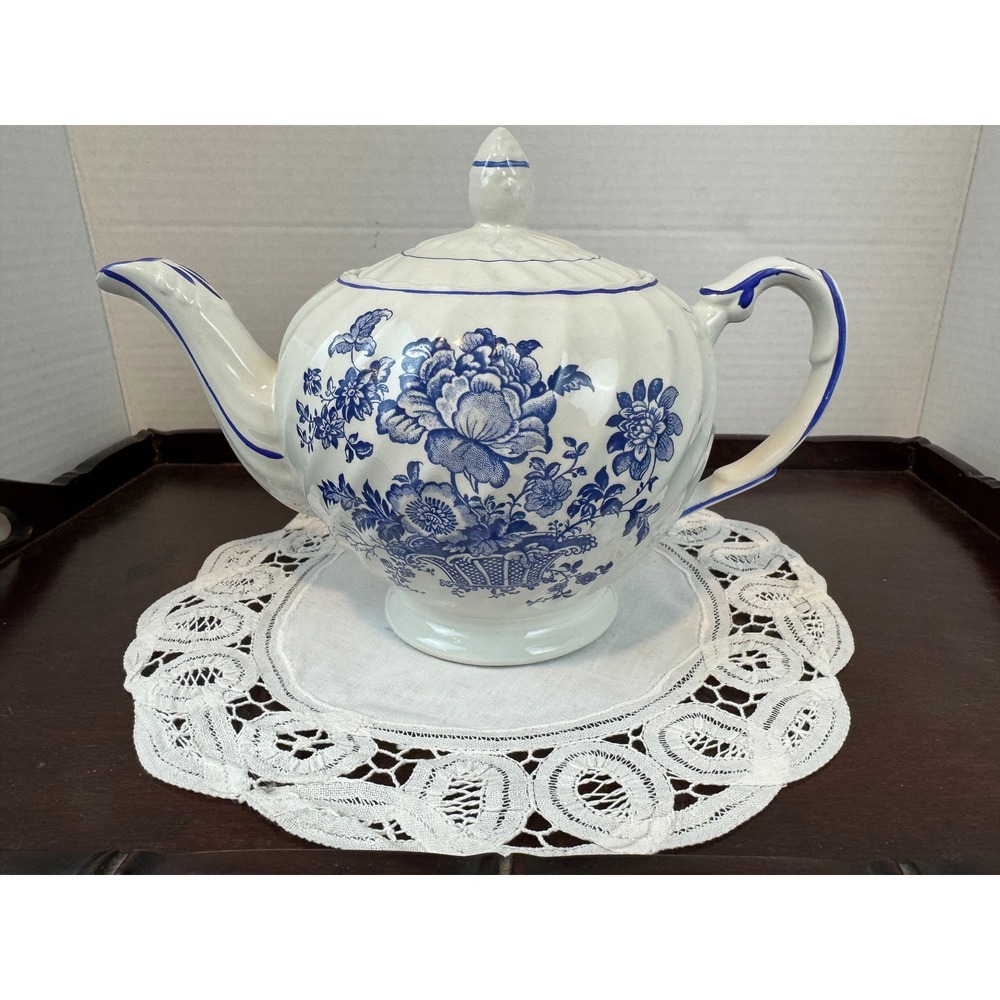 Vintage Royal Crownford Charlotte Blue and White Floral Ceramic Teapot Ironstone